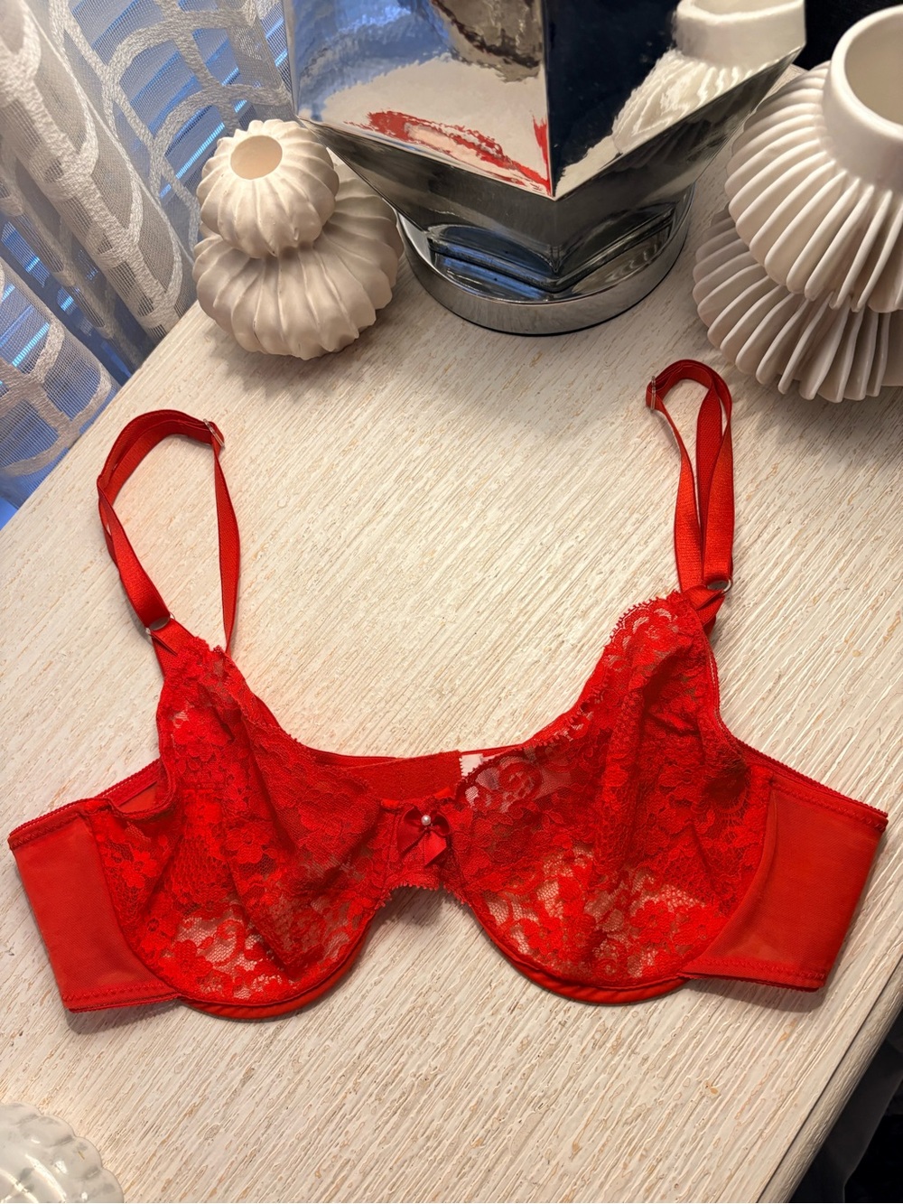 VTG Sears Red Nylon Sheer Lace Bra
Size 38B